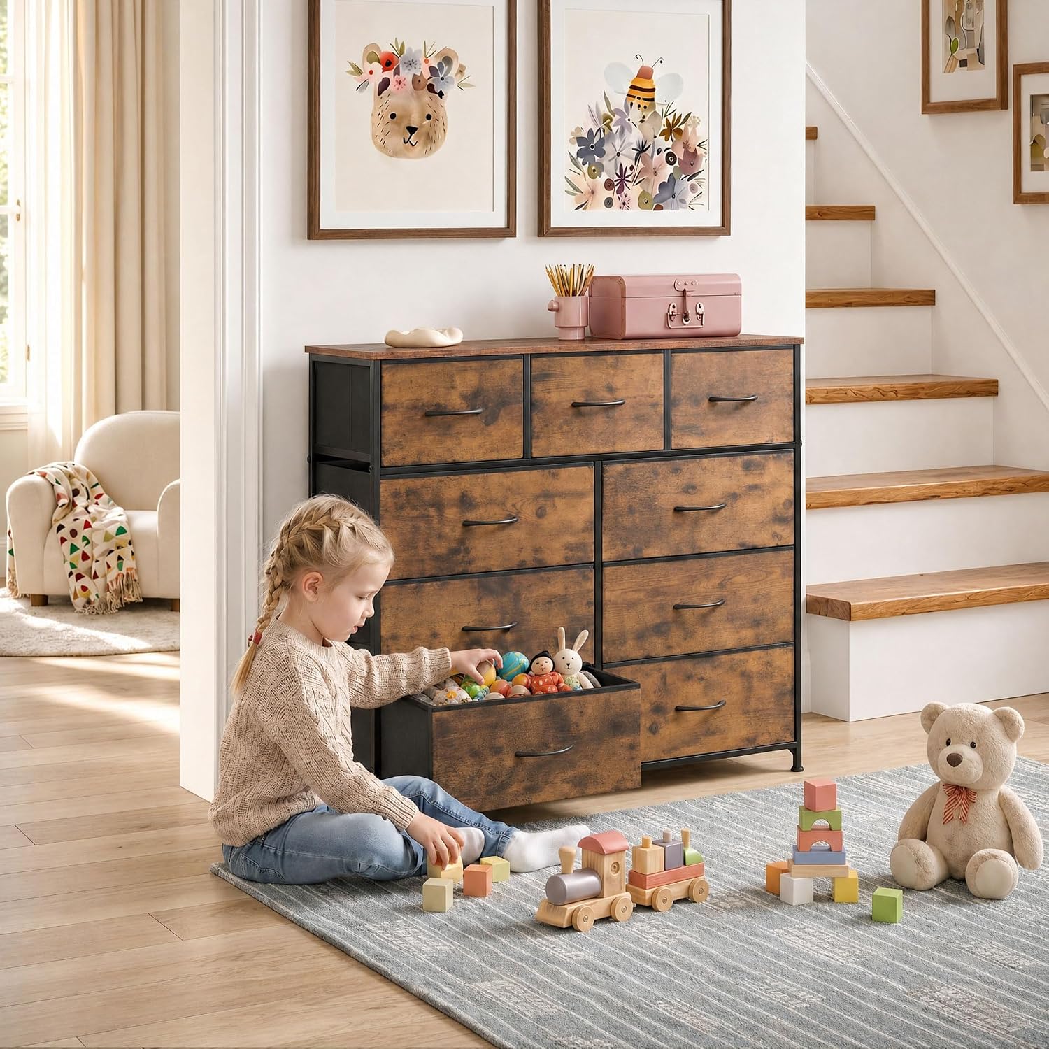 WLIVE Tall Dresser for Bedroom, 9 Drawer Chest of Drawers, Rustic Brown
