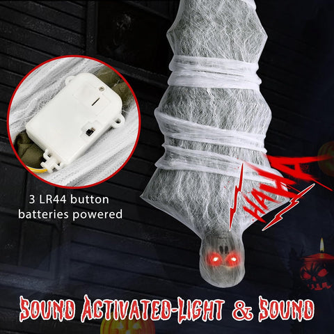 Halloween Decorations, 72 inches Scary Hanging Cocoon Corpse Props with Spooky Sound Effect and Lighted LED Eyes, Halloween Decorations Outdoor for Garden Lawn Indoor
