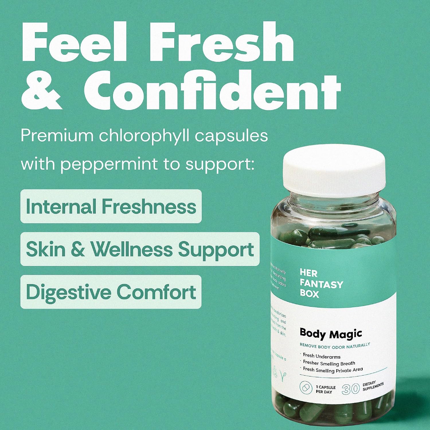 Her Fantasy Box | Body Magic | Chlorophyll Capsules - 30 Vegan Capsules for Detox, Digestion, Gut Health, Skin Support, and Oily Skin - Natural Energy Booster