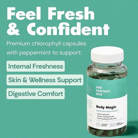 Her Fantasy Box | Body Magic | Chlorophyll Capsules - 30 Vegan Capsules for Detox, Digestion, Gut Health, Skin Support, and Oily Skin - Natural Energy Booster