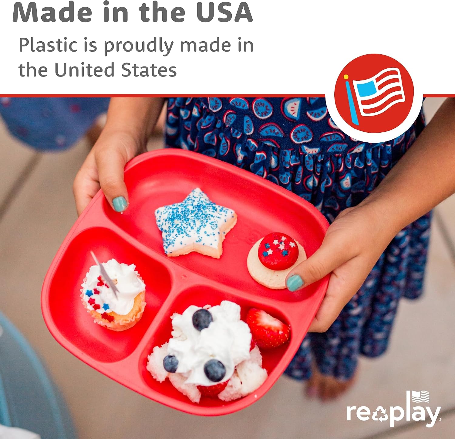Re-Play Divided Toddler Plates Set of 3 - Deep-Walled 3 Compartment Kids Plates for Picky Eaters - Dishwasher & Microwave Safe - BPA-Free - Made in USA, A True Blue
