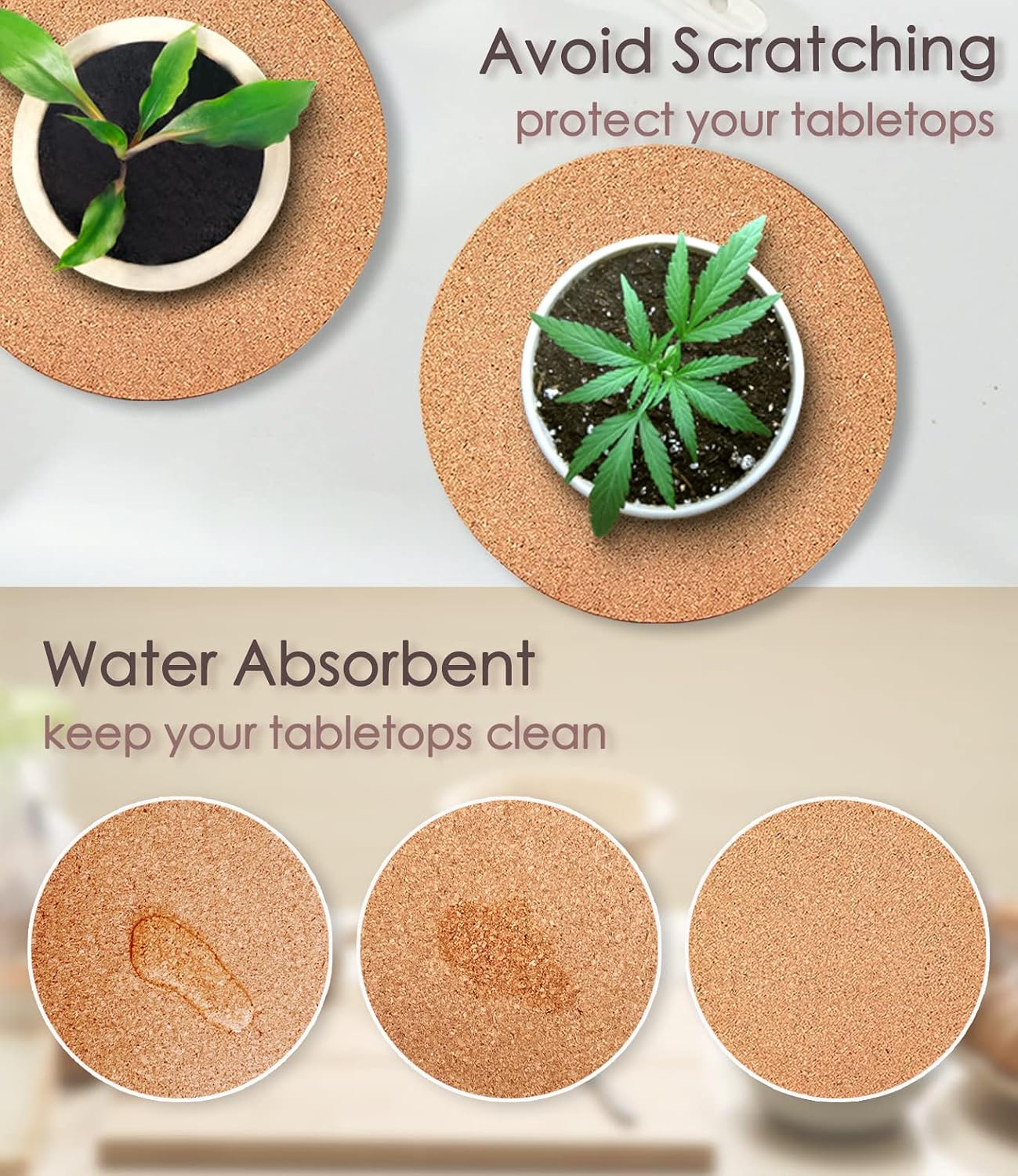 Cork Plant Coasters, Double Layers 8 Inch Cork Planter Coaster, Absorbent Cork Plant Mats, Cork Plant Coasters for House Plants, 6 Pcs