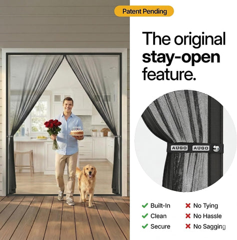 AUGO Magnetic Screen Door - Self Sealing, Heavy Duty, Hands Free Mesh Partition Keeps Bugs Out - Pet and Kid Friendly - Patent Pending Keep Open Feature - 74 Inch x 81 Inch