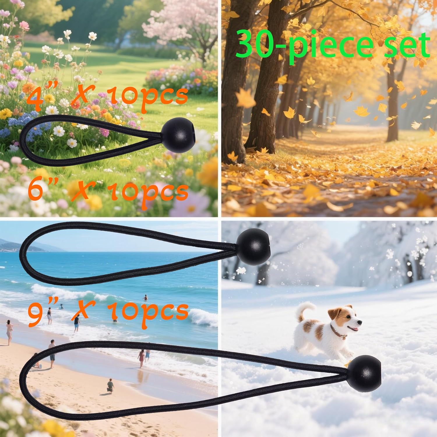 Bungee Cords with Balls 30 Pack, Ball Bungee Cords Comes in Three Sizes: 4 "6" 9", UV Resistant, Antioxidant, Secure Tie Down. (30, Black)