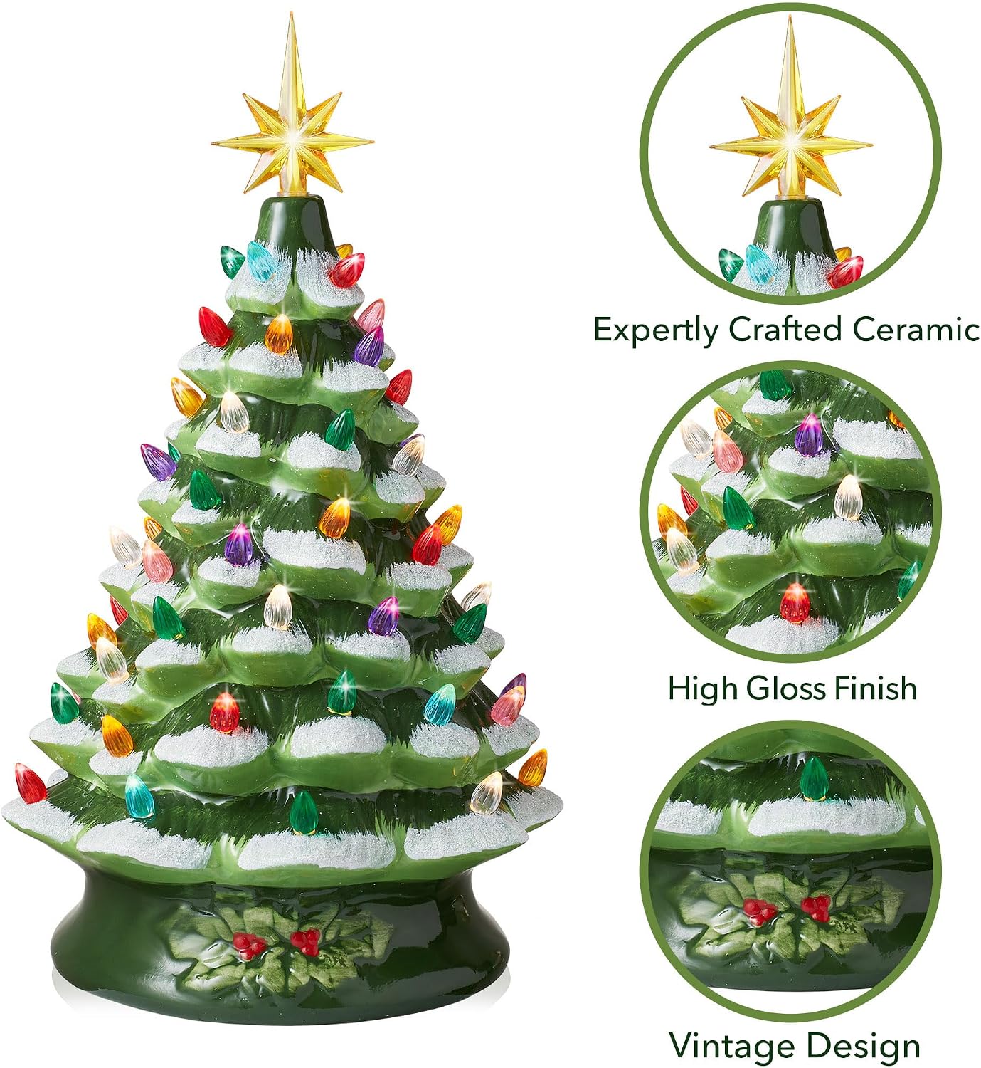 Casafield Hand Painted Ceramic Christmas Tree, Green Snow Flocked 15-Inch Pre-Lit Tree with 128 Multi-Color Lights and 2 Star Toppers