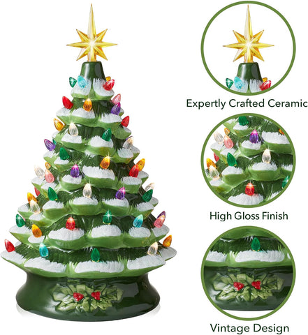 Casafield Hand Painted Ceramic Christmas Tree, Green Snow Flocked 15-Inch Pre-Lit Tree with 128 Multi-Color Lights and 2 Star Toppers