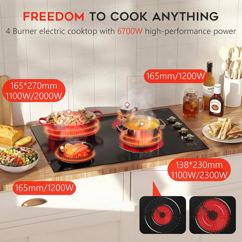 Hobsir 30 Inch Electric Cooktop, 4 Burner 6700W Dual Ring & Oval Burner