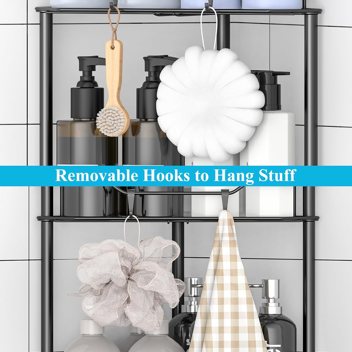 HuggieGems 4 Tier Floor Standing Corner Shower Caddy Organizer Shelf with Hooks, Bathroom Shelves Stand Rack, Black