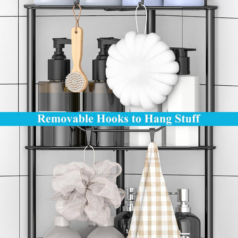 HuggieGems 4 Tier Floor Standing Corner Shower Caddy Organizer Shelf with Hooks, Bathroom Shelves Stand Rack, Black