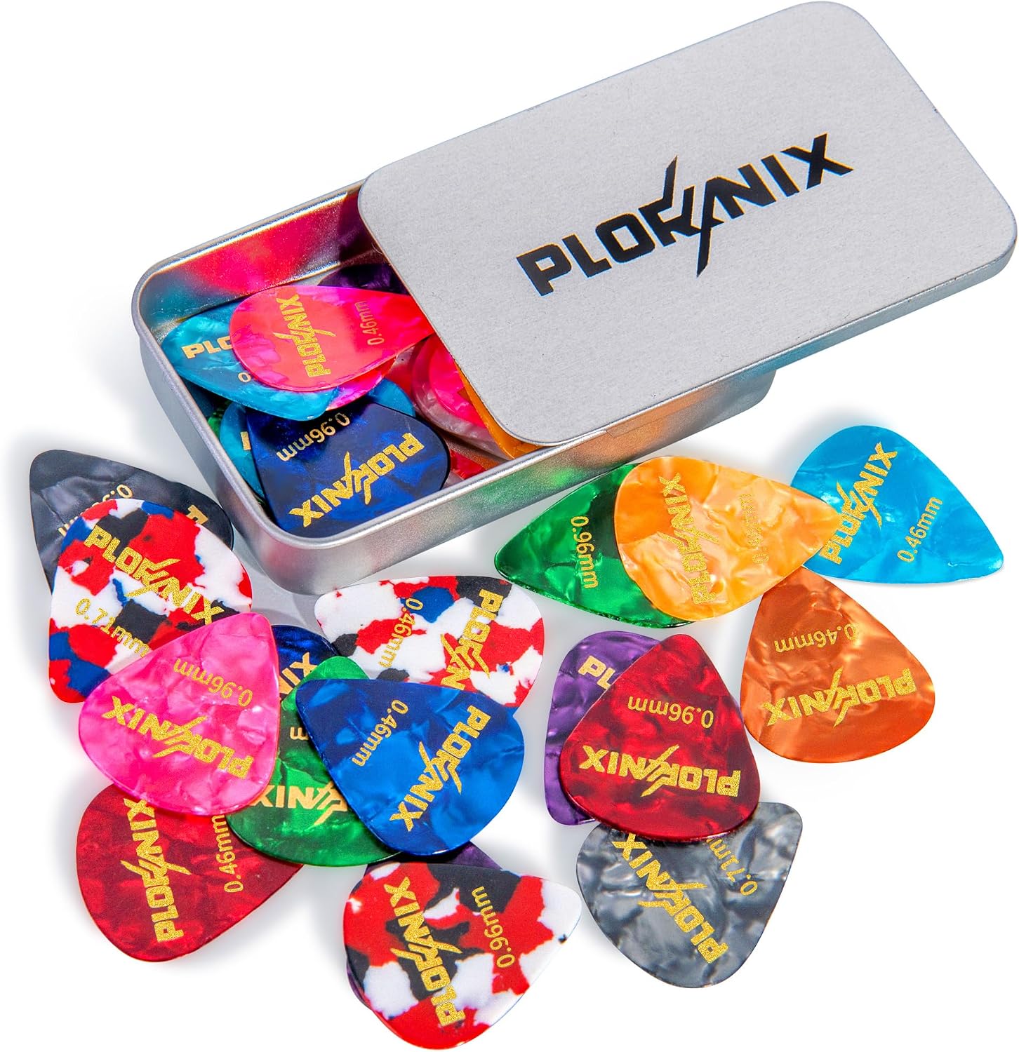 30 pack Celluloid Guitar Picks - 3 Different Thickness Colorful Guitar Pick with Metal Storage Box, Guitar Picks for Acoustic Guitar, Electric Guitar, Bass, Ukulele, 0.46mm/ 0.71mm/ 0.96mm