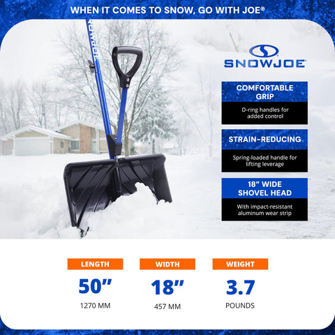 Snow Joe Shovelution Snow Shovel, Strain Reducing with Spring Assisted Handle, Poly Blade, & 50" Assembled Height