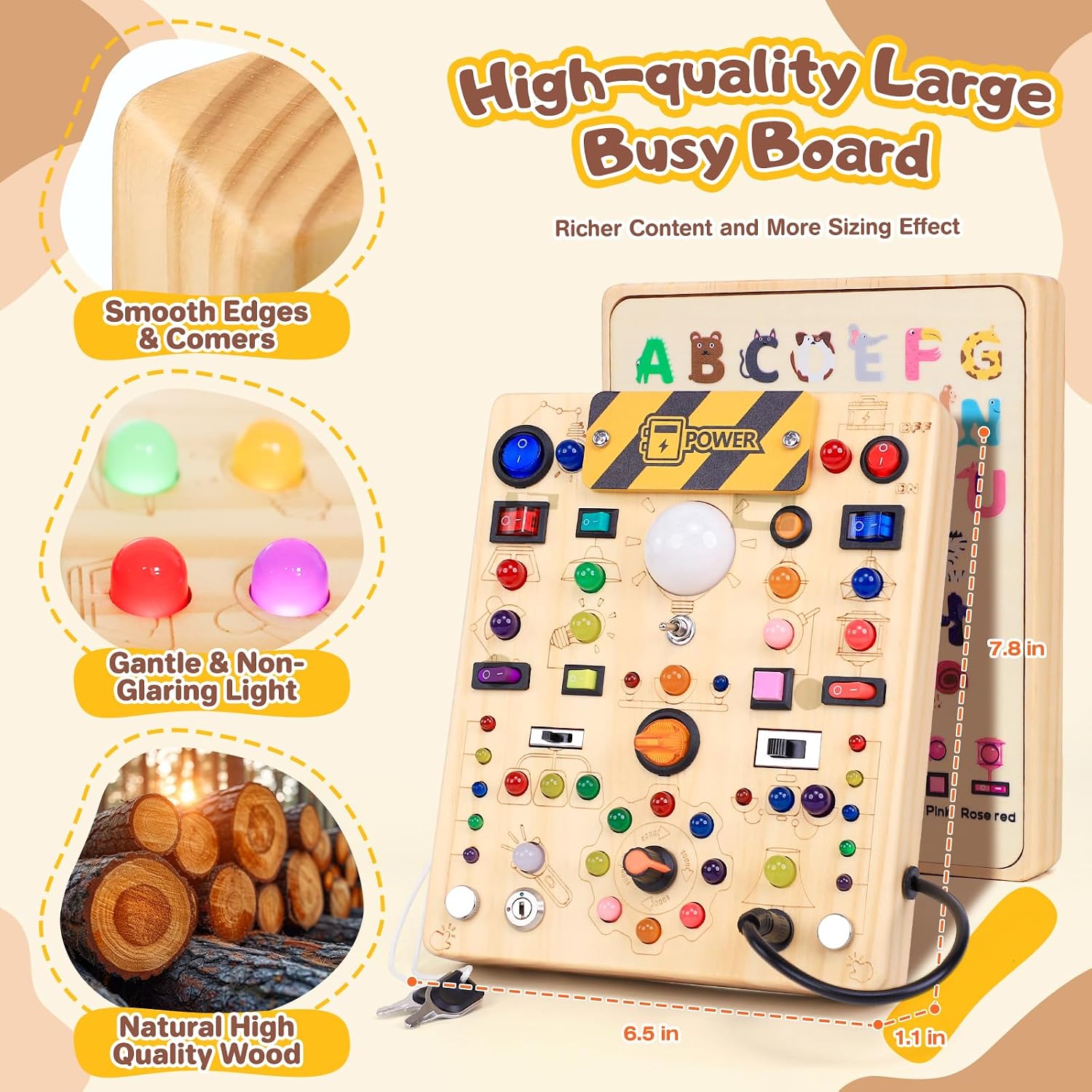 Busy Board with LED Light Switches, Montessori Toys for 1 2 3 Years Old, Toddlers Wooden Toy Sensory Activity Board, Travel Toys for 1+ Year Old Boy & Girl Birthday Gift (19 Switches)