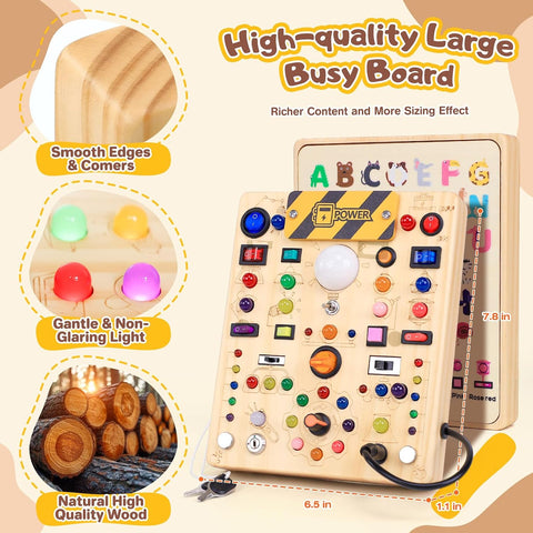 Busy Board with LED Light Switches, Montessori Toys for 1 2 3 Years Old, Toddlers Wooden Toy Sensory Activity Board, Travel Toys for 1+ Year Old Boy & Girl Birthday Gift (19 Switches)