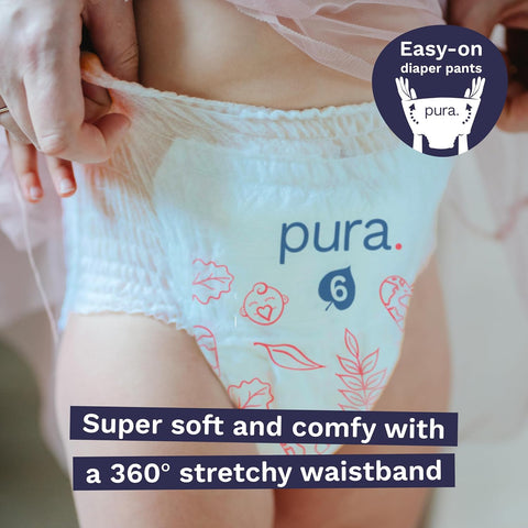 Pura Hypoallergenic Diaper Pants Size 6 (33+ lbs) Overnight, up to 12 Hours Leak Protection, Suitable for Sensitive Skin, Totally Chlorine Free, Soft Organic Cotton, 1 Pack of 17 Pull Up Pants