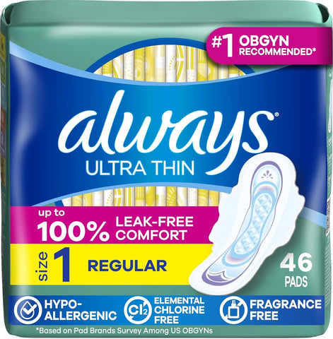 Always Ultra Thin Feminine Pads with Wings for Women, Size 1, Regular Absorbency, Unscented, Up to 100% Leak-Free Protection, 46 Count
