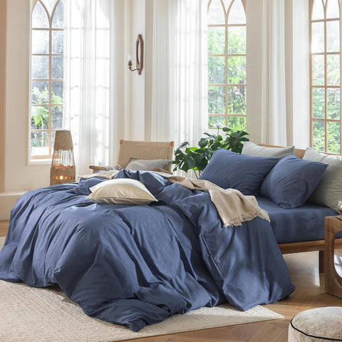 MooMee Duvet Cover Set 100% Washed Cotton Linen Like King