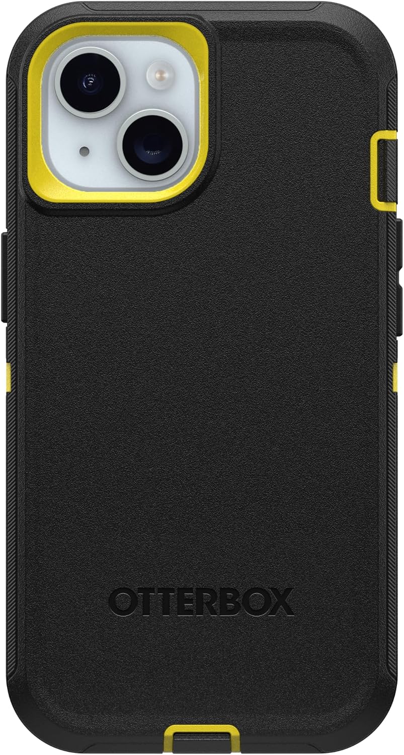 OtterBox iPhone 15, iPhone 14, & iPhone 13 (Only) - Defender Series Screenless Case - Night (Black & Yellow) - Rugged & Durable - with Port Protection - Holster Clip Includes