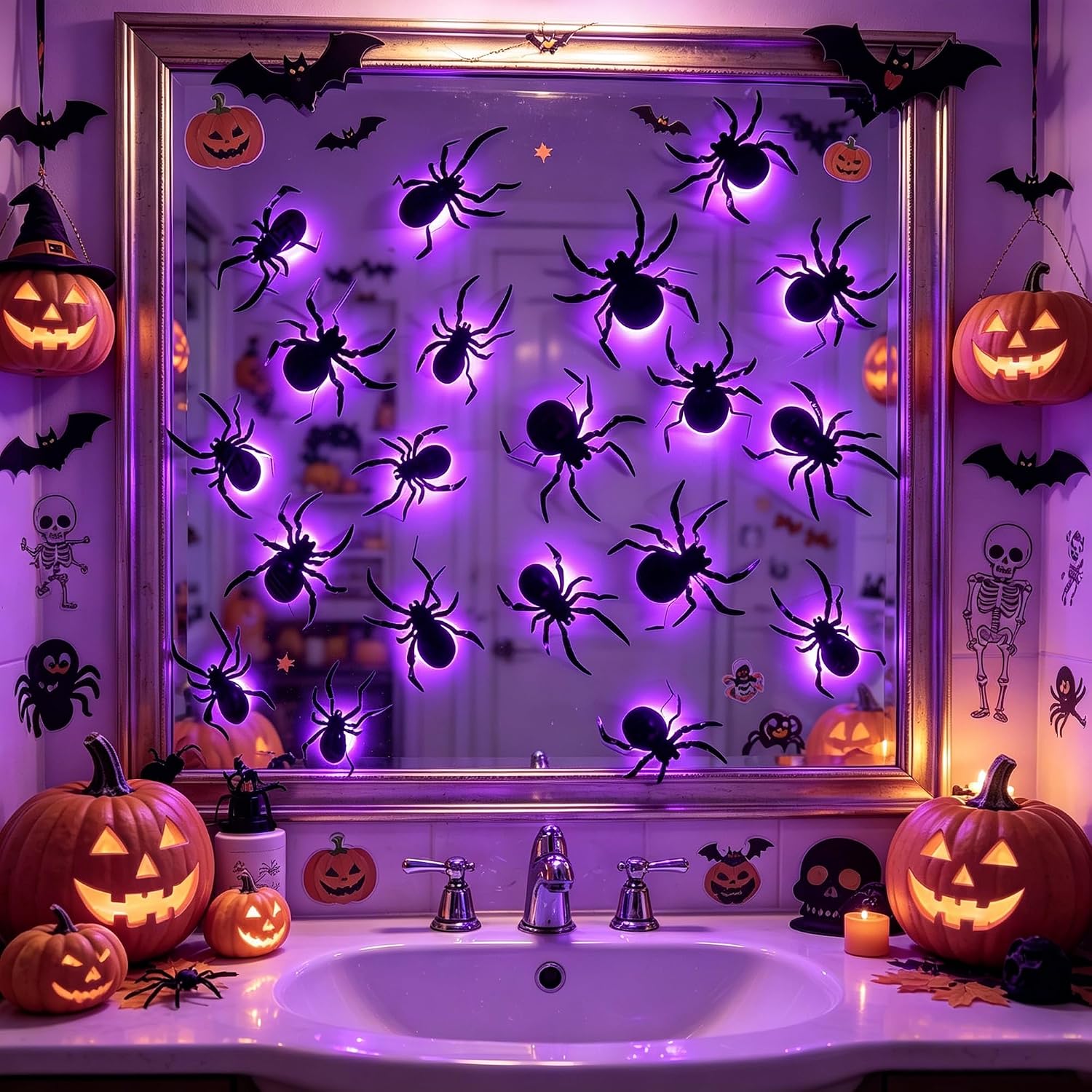 DR.DUDU 36 Pack Halloween Wall Decor Light up Spiders, Purple