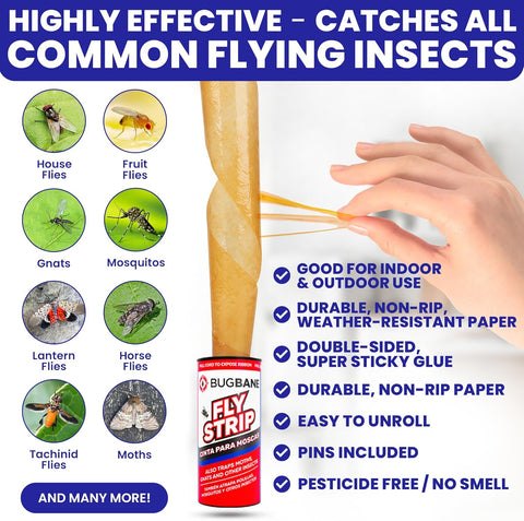 Fly Strips Indoor Sticky Hanging 24pk with Pins. Non Toxic Outdoor Fly Trap Indoor for Home. Flies Tape Paper Trap Ribbon Roll for House Gnat Fruit and Housefly. Bug Catchers for Inside Home Flypaper.