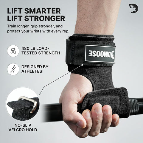 DMoose Fitness Weight Lifting Hooks (Pair) for Deadlifts, Pull Ups, Rows & Shrugs - Anti-Rip Nylon Strap Hand Grips with Thick Wrist Padding - Heavy Duty Wrist Straps for Weightlifting & Gym Workouts