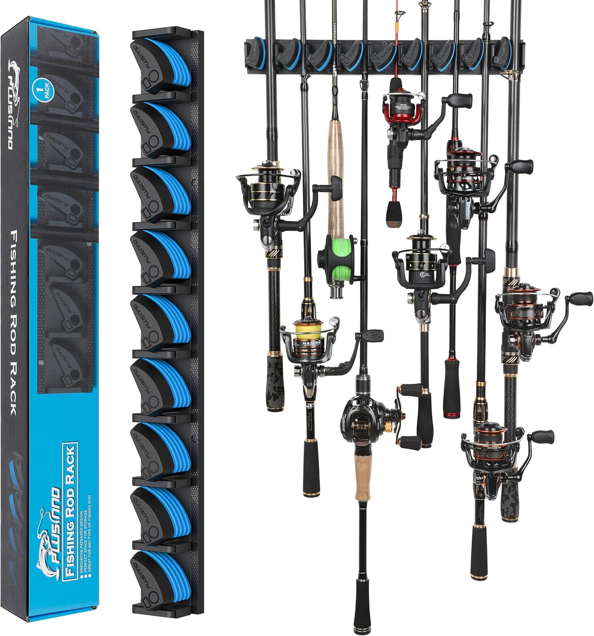 PLUSINNO V9 Vertical Fishing Rod Holder, Wall Mounted Fishing Rod Rack, Fishing Pole Holder Holds Up to 9 Rods or Combos, Fishing Rod Holders for Garage,Fishing Gear and fishing Gifts for Men