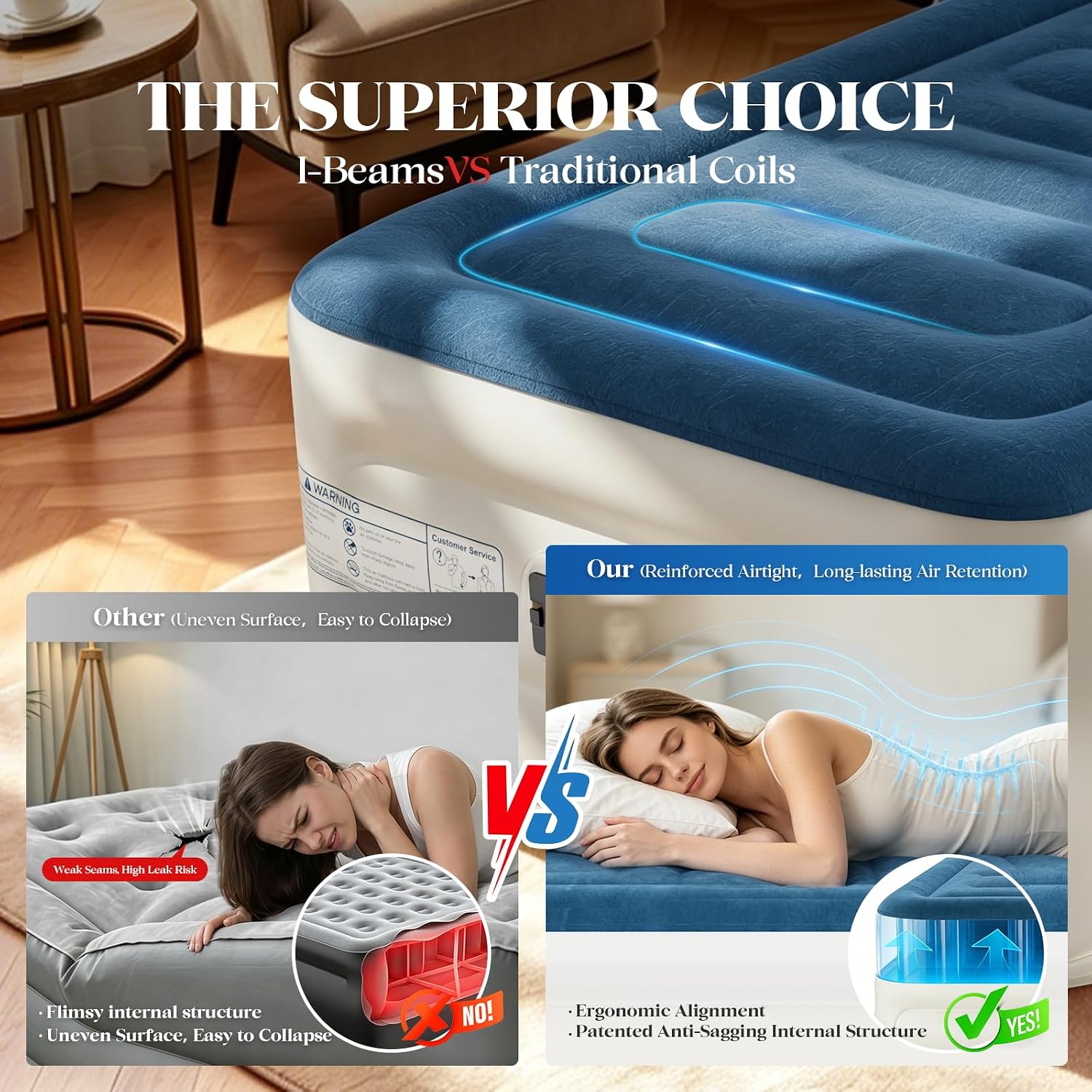 VOSSER Twin Air Mattress with Built in Pump,XL-Long Blow up Mattress,500lb