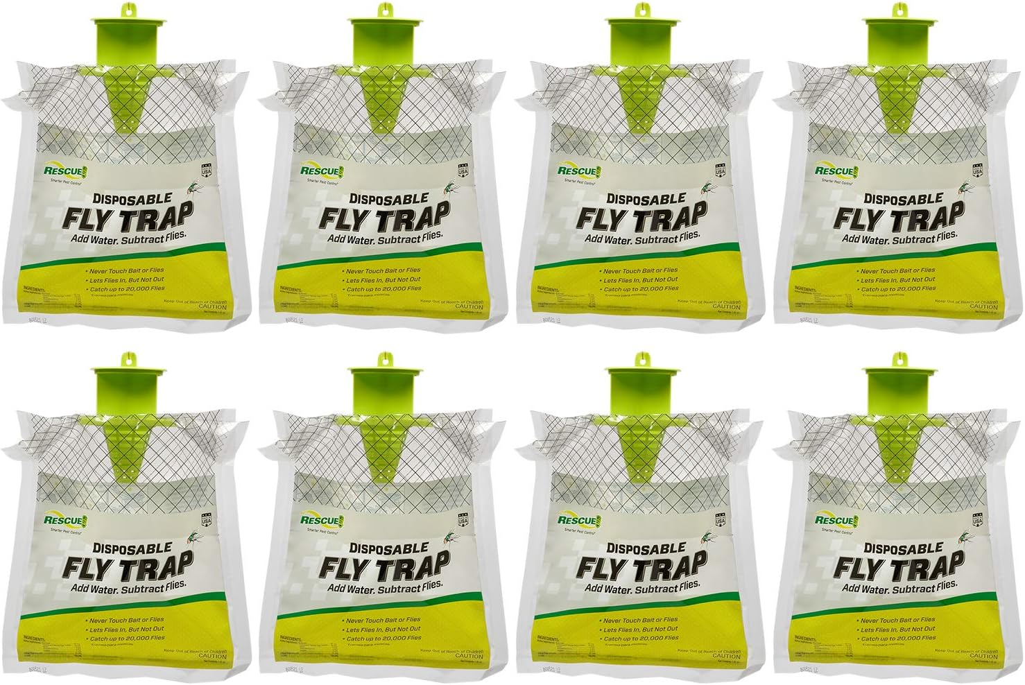 RESCUE! Outdoor Disposable Fly Trap – Hanging Fly Catcher with Attractant Bait, Fly Bag for Patio, Yard, Trash & Farm Areas – Easy-to-Use Outdoor Fly Control - 8 Traps