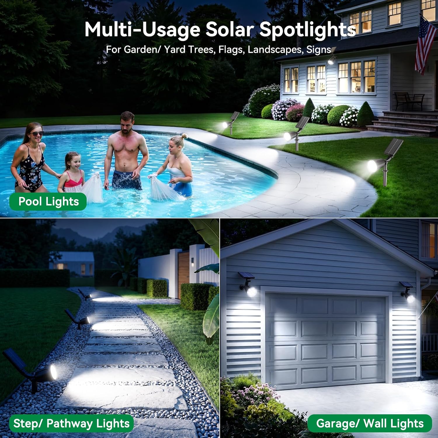 Solar Lights Outdoor Spot Light Waterproof: 1000LM Adjustable Cool White Spotlights - 2-in-1 15Hrs+ Bright Wall Spot Light - Solar Powered Landscape Spotlight for Garden, Yard, Tree, Flag