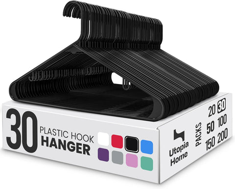 Utopia Home Plastic Hangers 30 Pack – Built-in Strap Hooks Black