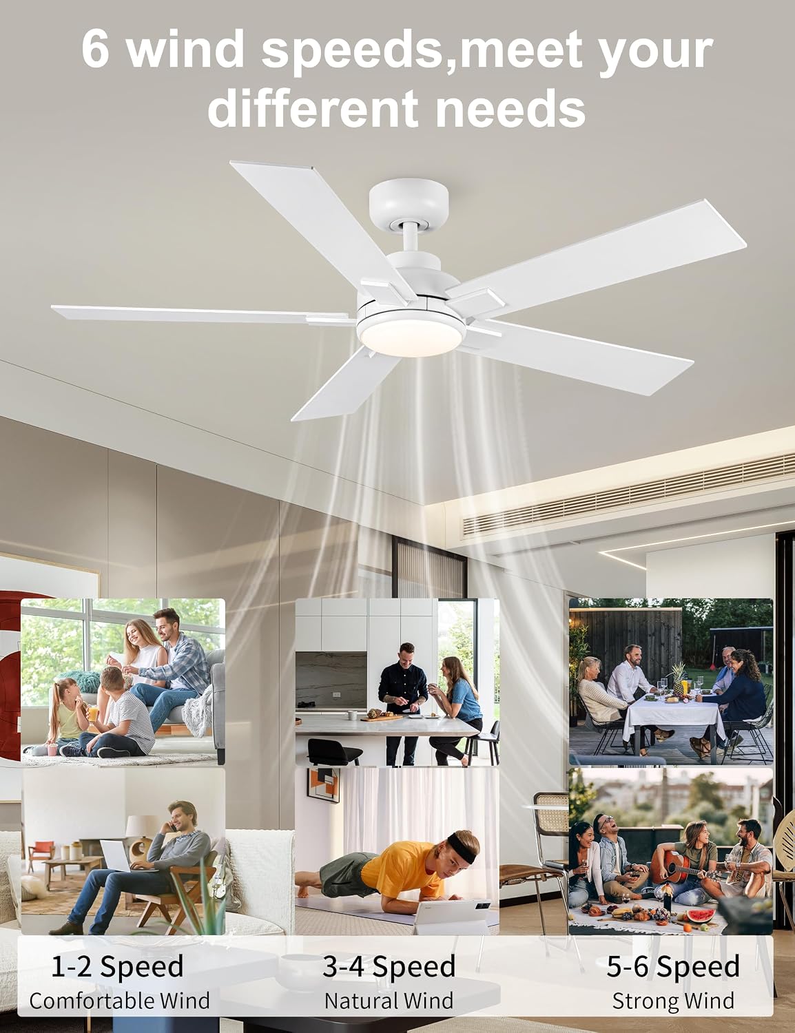 52 Inch White Ceiling Fans with Lights and Remote