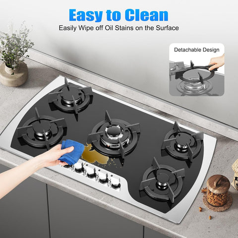 Gas Cooktop 36'' Gas Stove Top with 5 Burners Suitable for Dual Fuel LPG/NG, Tempered Glass Stovetop Cooker for for Kitchen, Home, Apartments, RVs