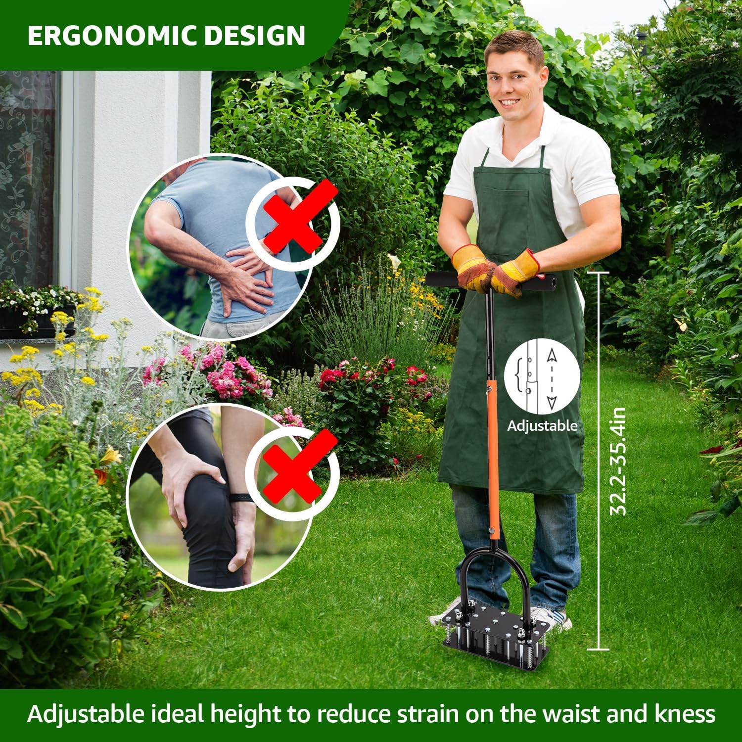 Lawn Aerator, Automatic Dirt and Leaf Clean Design, Heavy Duty Manual Lawn Aerator Tool with 15 Iron Spikes, Height Adjustable, Yard Grass Aerator for Lawn(Black with Orange)