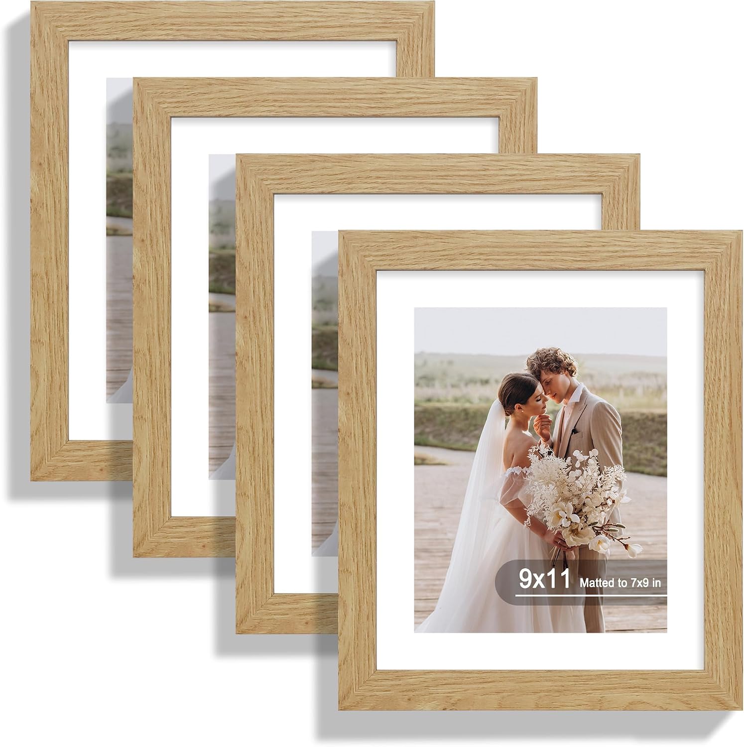 Hongkee 9x11 Picture Frame Set of 4, Made of Real Glass and Natural Oak Frame - Display Picture 7x9 with Mat or 9x11 Without Mat, 9 by 11 Photo for Wall or Tabletop
