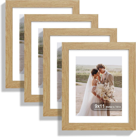 Hongkee 9x11 Picture Frame Set of 4, Made of Real Glass and Natural Oak Frame - Display Picture 7x9 with Mat or 9x11 Without Mat, 9 by 11 Photo for Wall or Tabletop