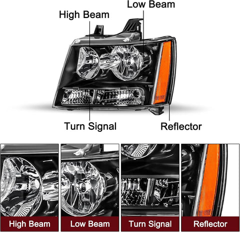 JSBOYAT Halogen Headlight for 2007-2014 Chevy Tahoe Suburban Avalanche
