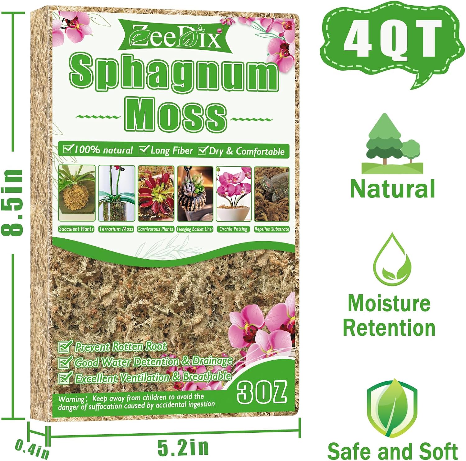 ZeeDix 4 qt Sphagnum Moss for Indoor Plants, Natural Dried Long Fiber Moss for Orchid Repotting, Carnivorous Plants, Succulents, Monstera, Flower & Reptile Terrariums Habitats (3 oz)