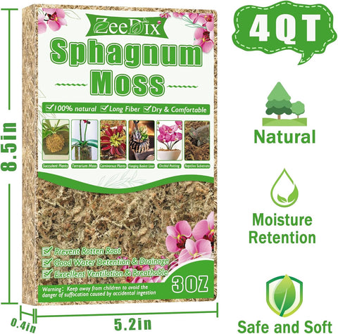 ZeeDix 4 qt Sphagnum Moss for Indoor Plants, Natural Dried Long Fiber Moss for Orchid Repotting, Carnivorous Plants, Succulents, Monstera, Flower & Reptile Terrariums Habitats (3 oz)