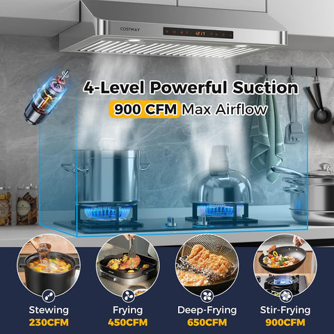 COSTWAY 30 Inch Under Cabinet Range Hood, 900 CFM Kitchen Vent w/ 4 Speed, Adjustable LED Lights & Time Setting, Gesture/Touch/Remote Control, 3 min Delay Shut-Off, with 2 Pcs Baffle Filters