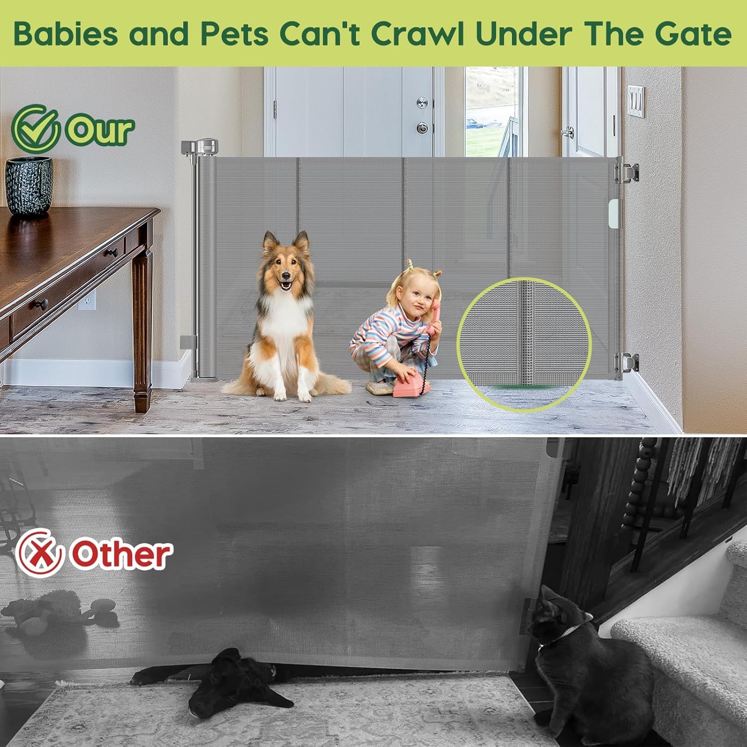 2 Pack Reinforced 55" Wide Retractable Dog Gate with Support Rods, 33" Tall Retractable Baby Gate for Dogs, No Sag and Wrinkle Mesh Child Gates for Doorways, Indoor Pet Barrier Stair Gates for Kids