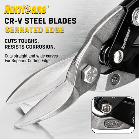 HURRICANE 10 inch Aviation Tin Snips, Straight Cut Metal Shears with Non-Slip Tyregrip Handle, Cr-V Steel Blades Shears for Thin Sheet Metal, Aluminum, Gutter & DIY Projects