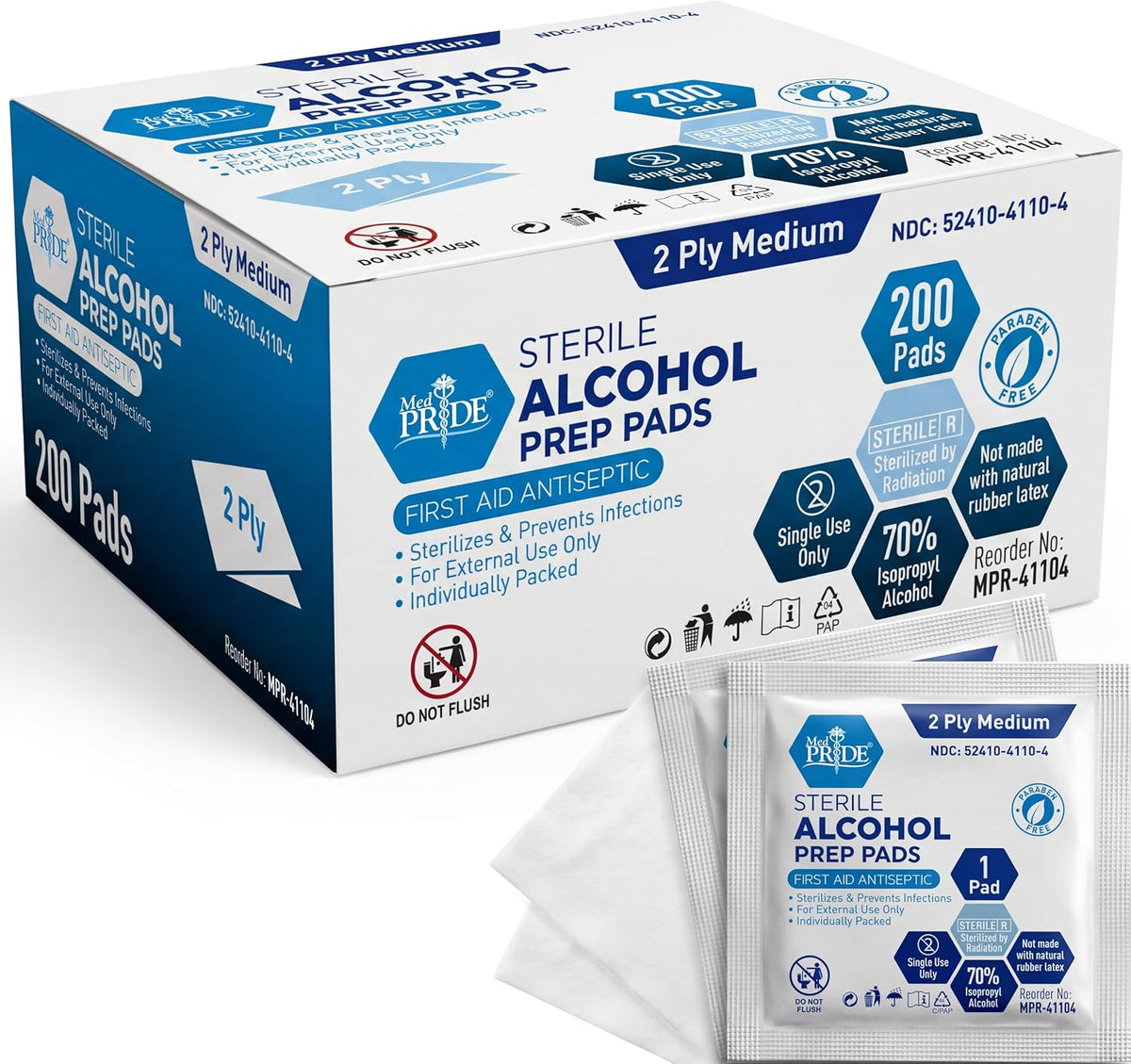 MED PRIDE Sterile Alcohol Prep Pads, 70% Isopropyl, 2-Ply, 200-Count Pack