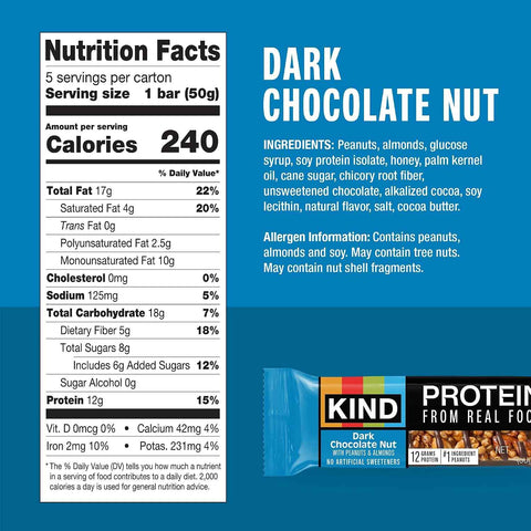 KIND Protein Bars, Dark Chocolate Nut, Gluten Free, Healthy Snacks, 12g Protein, 12 Count