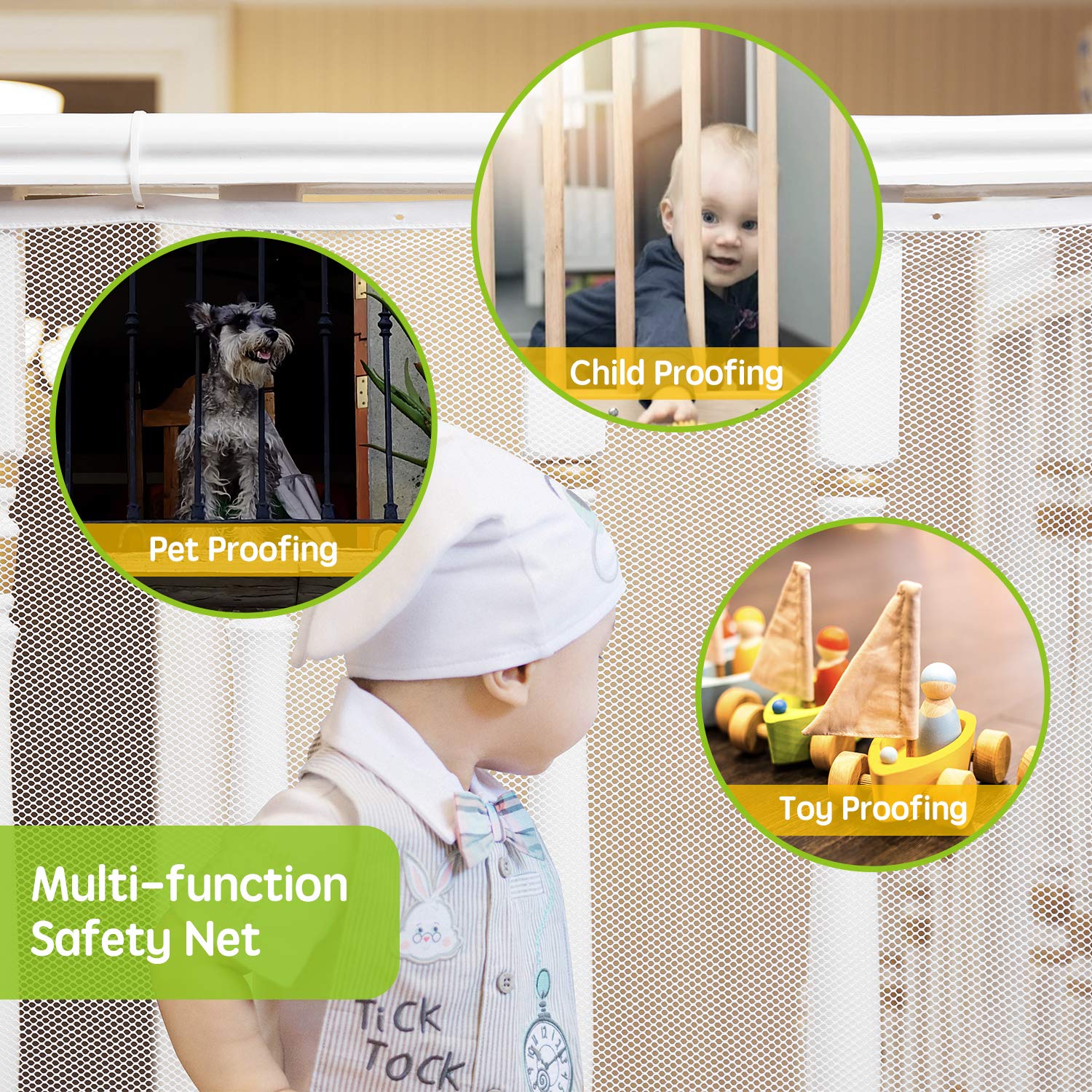 Baby Gates for Stairs with Banister, Guard Safety Net for Baby, 10ft x 3ft Stair Railing Mesh Barrier for Kids, Cats, Dogs, Child Safety Rail Guard, White