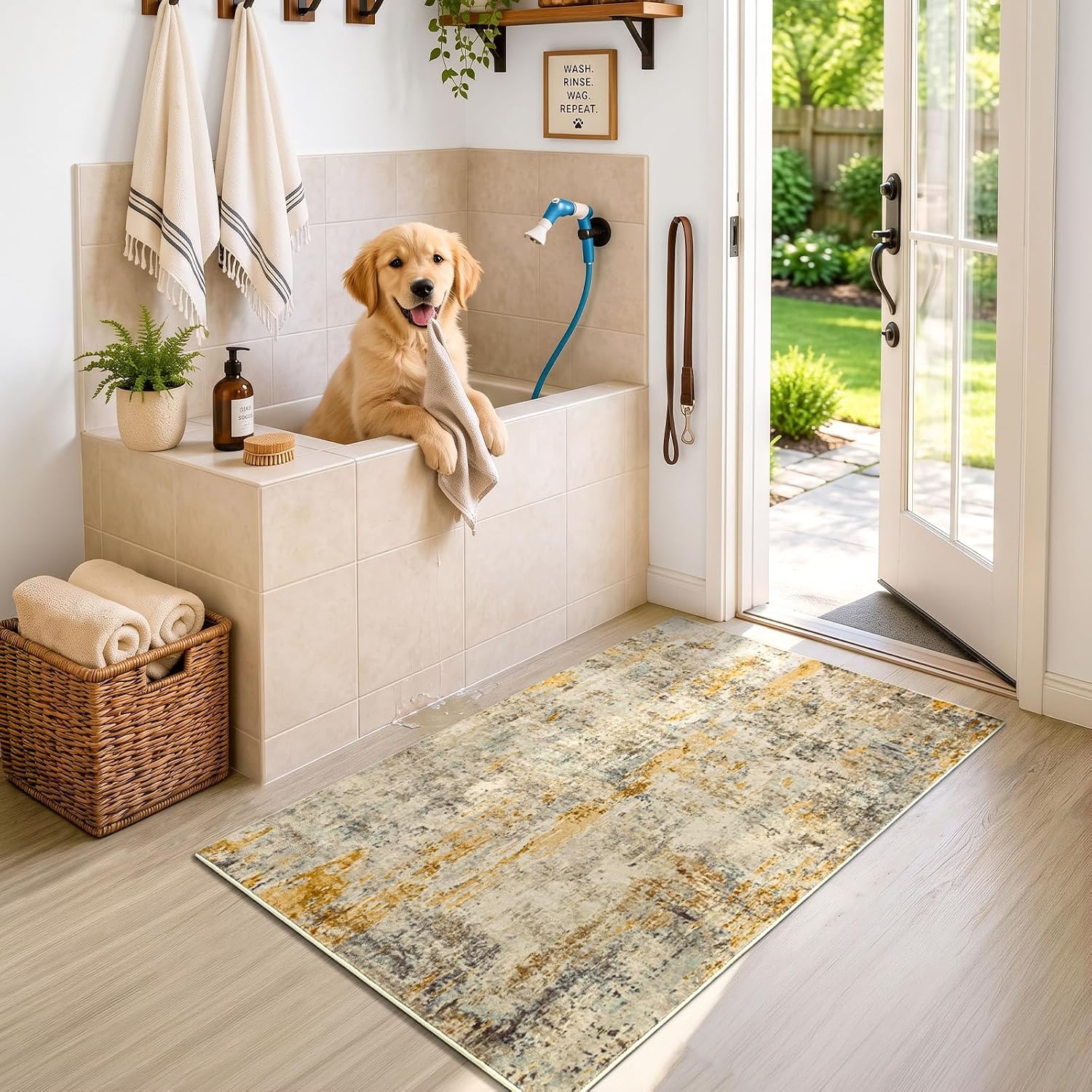 Entrance Rugs Indoor 2x4 Beige Entry Rug Washable Abstract Black Small Area Rug Non-Slip Low Pile Throw Rugs for Entryway, Kitchen Floor, Front Door Indoor Door Mat, Bathroom, Bedroom Bedside