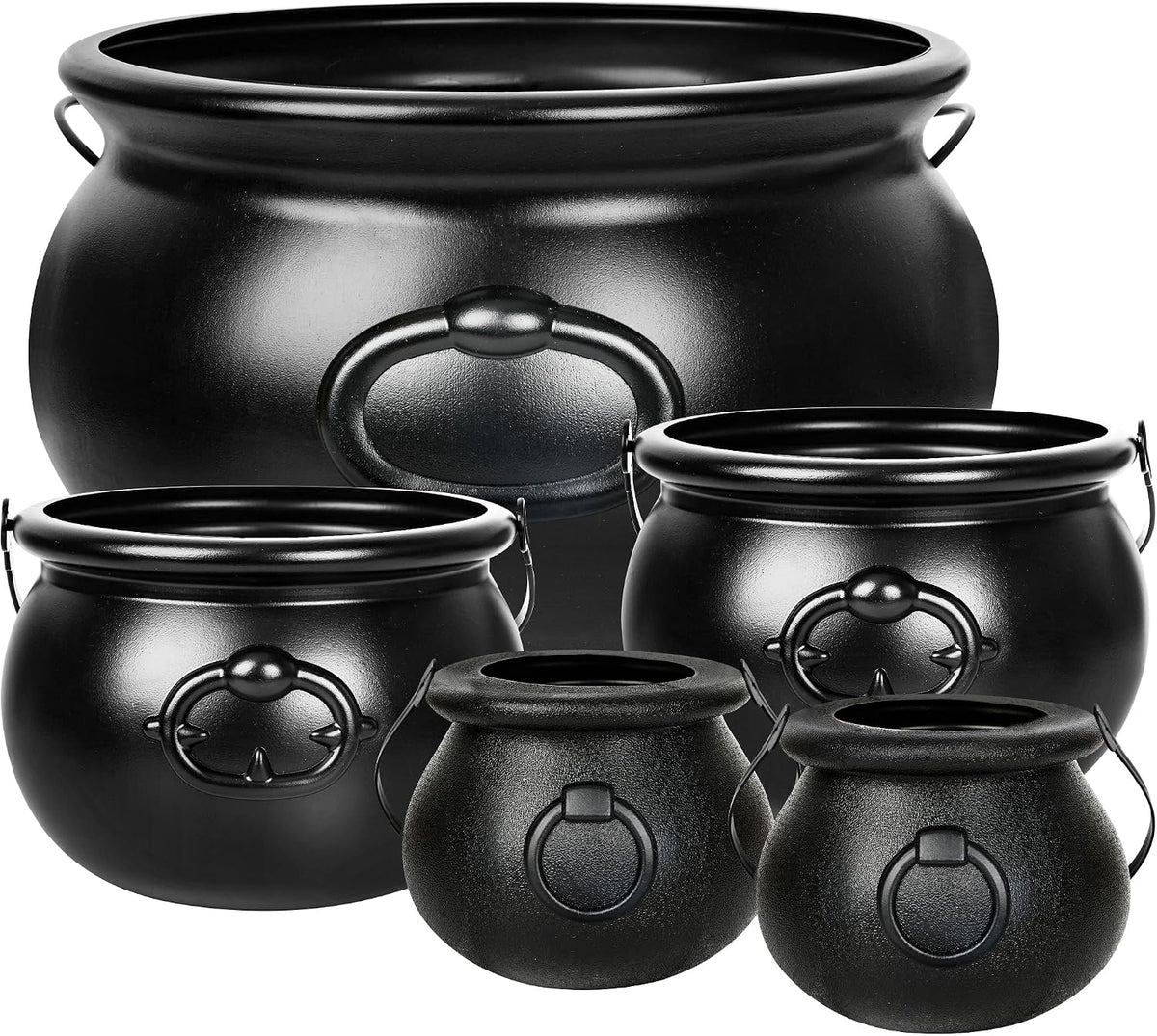 5 PCS Halloween Cauldron with Handle, Black Plastic Candy Holder Pots