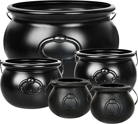 5 PCS Halloween Cauldron with Handle, Black Plastic Candy Holder Pots