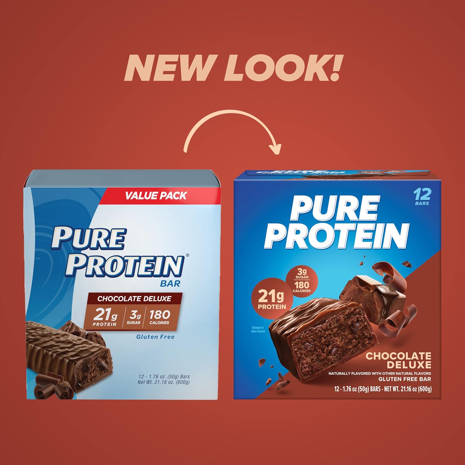 Pure Protein Chocolate Deluxe Protein Bars, 21g Protein, Gluten Free, 12 Ct