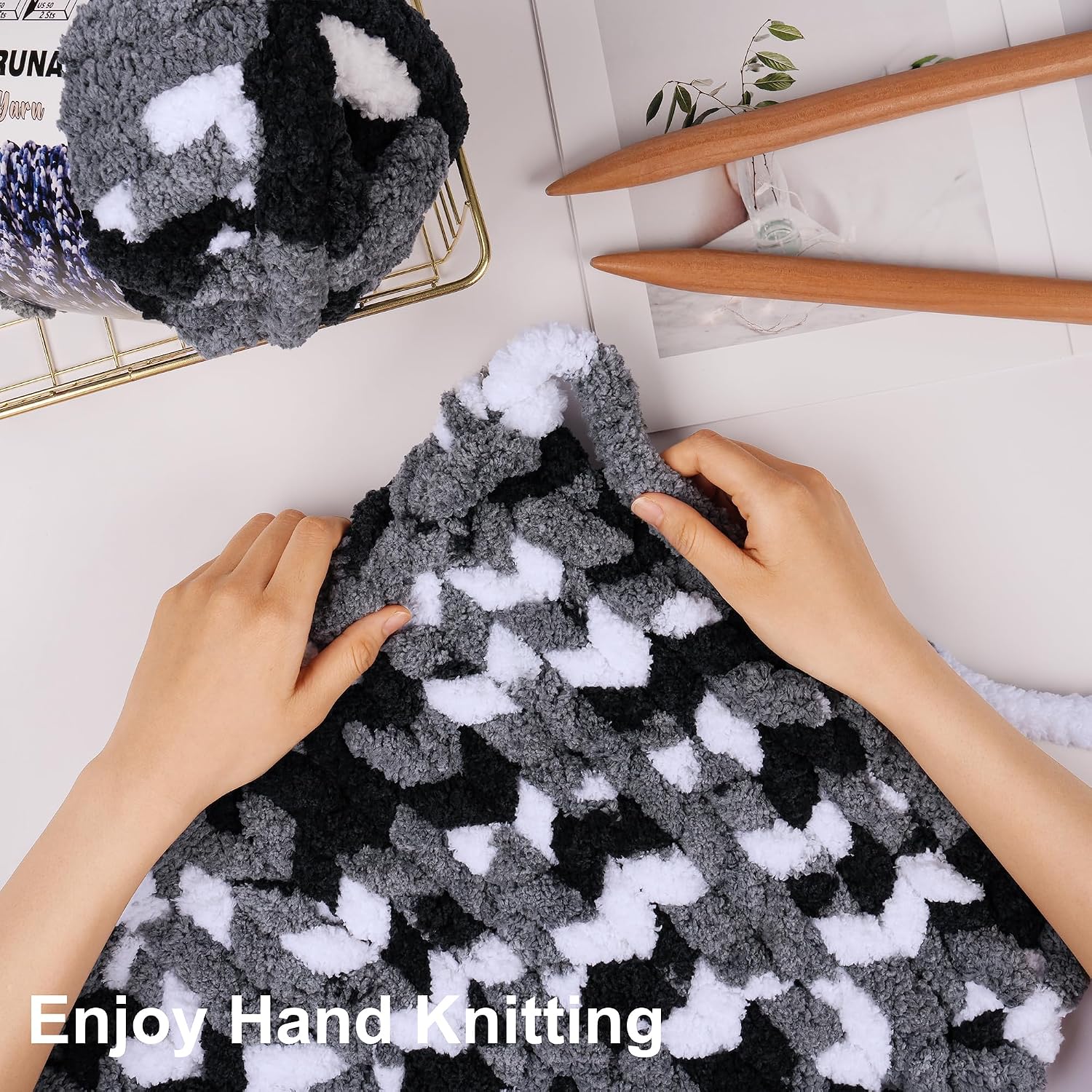 Chunky Yarn for Hand Knitting, #10 Chunky Blanket Chenille Yarn, Bulky Thick Jumbo Yarn, Super Chunky Knit Yarn for Crocheting, 8 Skein (8 oz 20 yds Each Skein), Tie Dye Black & Grey & White