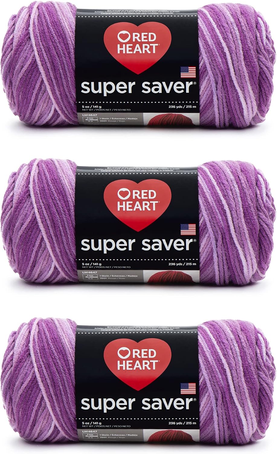 Red Heart Super Saver Yarn for Crocheting & Knitting, Purple Tones, 3-Pack