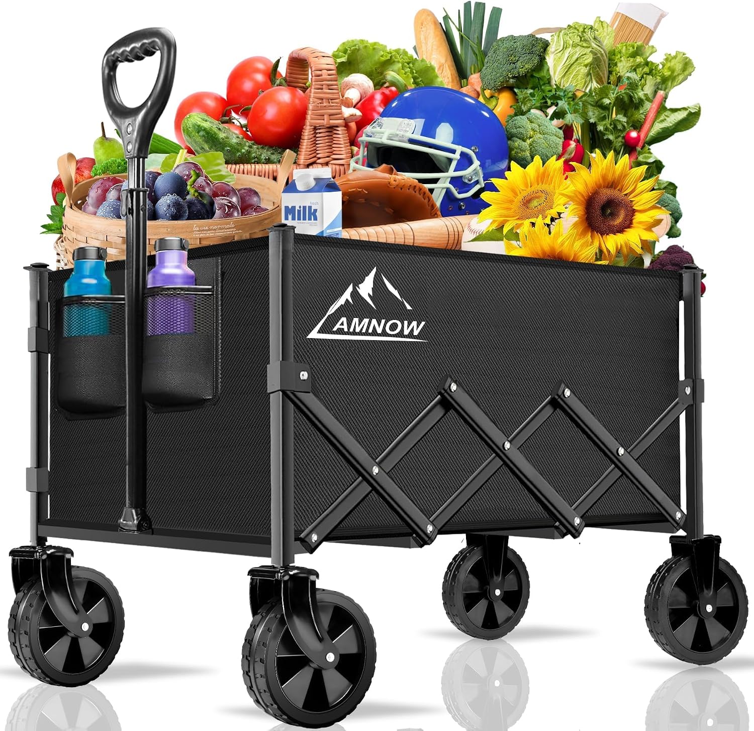 AMNOW 100L Collapsible Wagon Cart with All Terrain Wheels, 350LBS, Black
